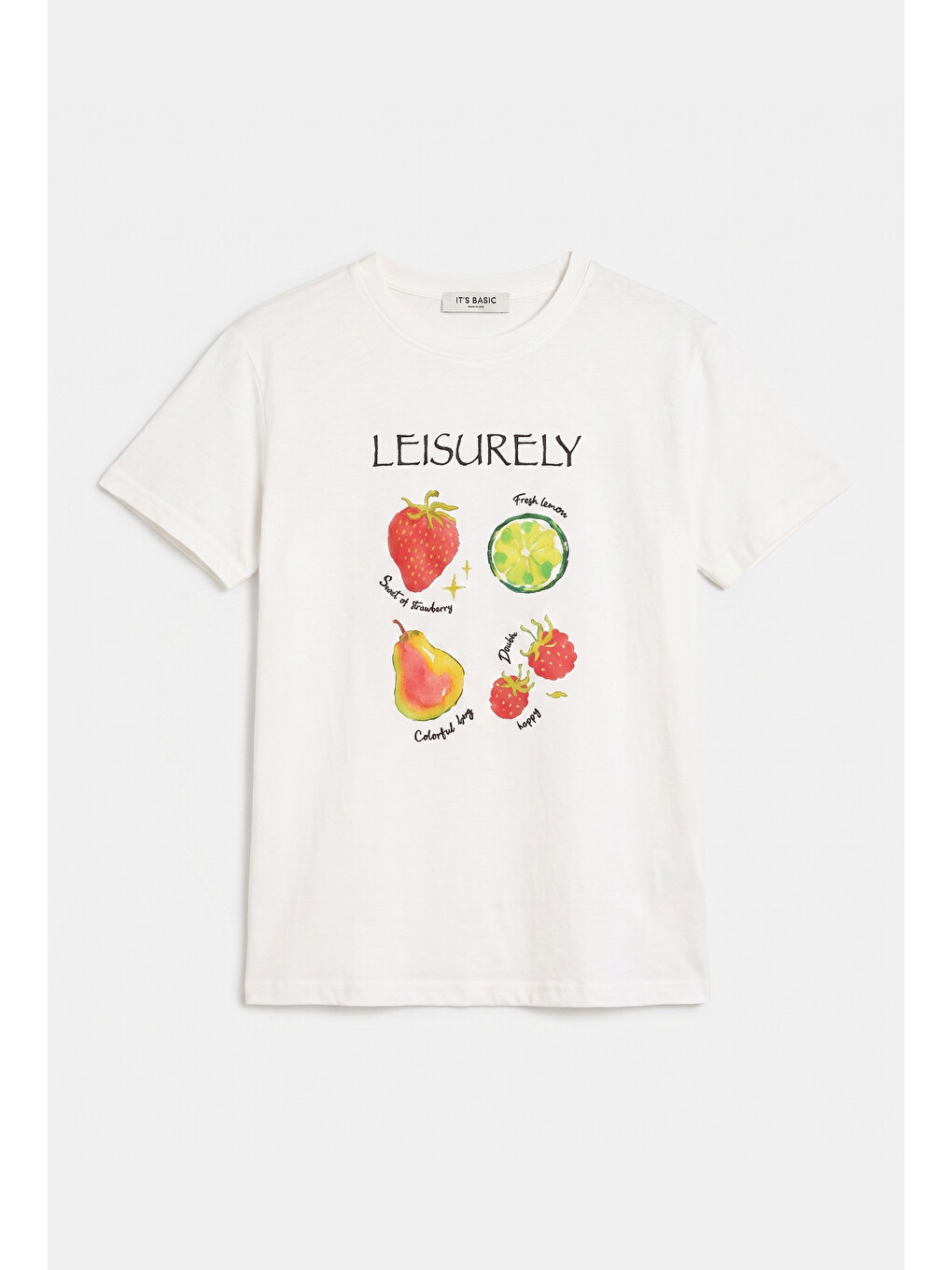 Kadın Beyaz Meyve Baskılı Bol Kesim Tasarım T-shirt-1