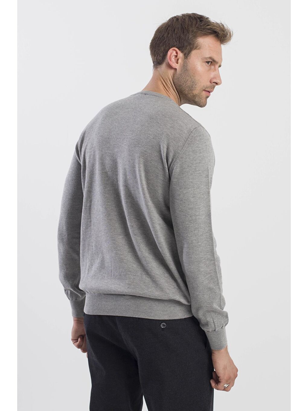 Gri Slim Fit Bisiklet Yaka Triko Kazak-3