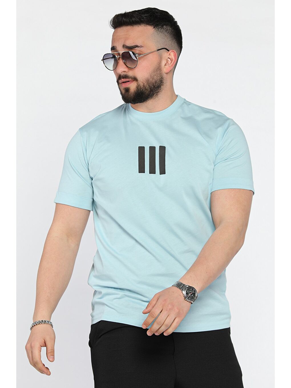 Yeşil Kol Katlamalı Baskılı Erkek Tişört-1