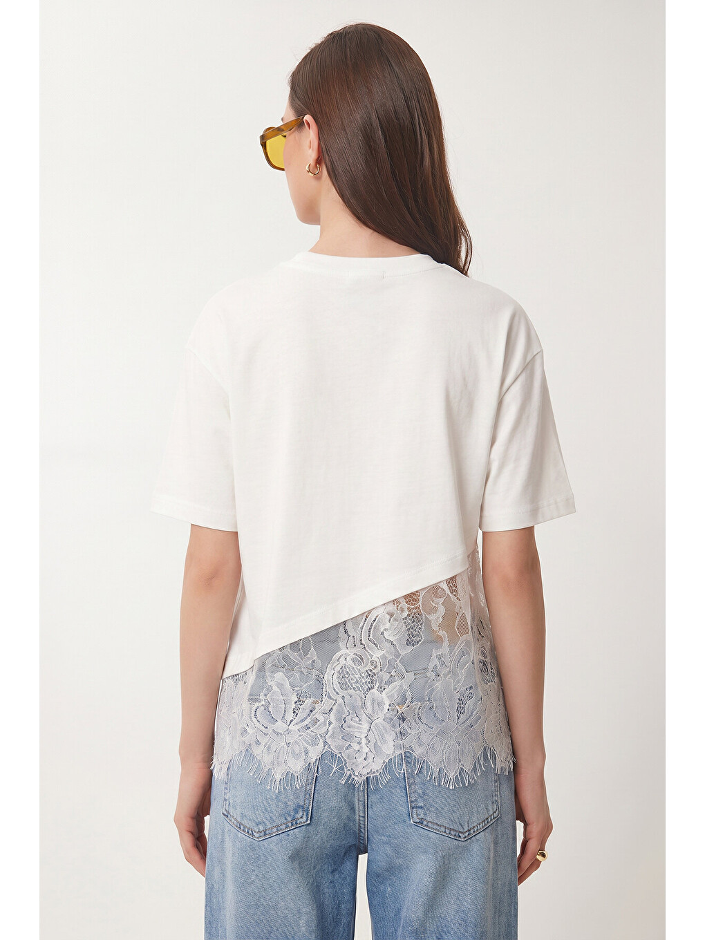 Ekru Dantel Detaylı Oversize Örme T-shirt EKRU LCR0125-3