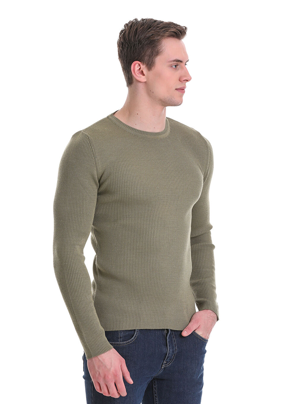 Yeşil Slim Fit Fitilli Bisiklet Yaka Yünlü Triko Kazak-4