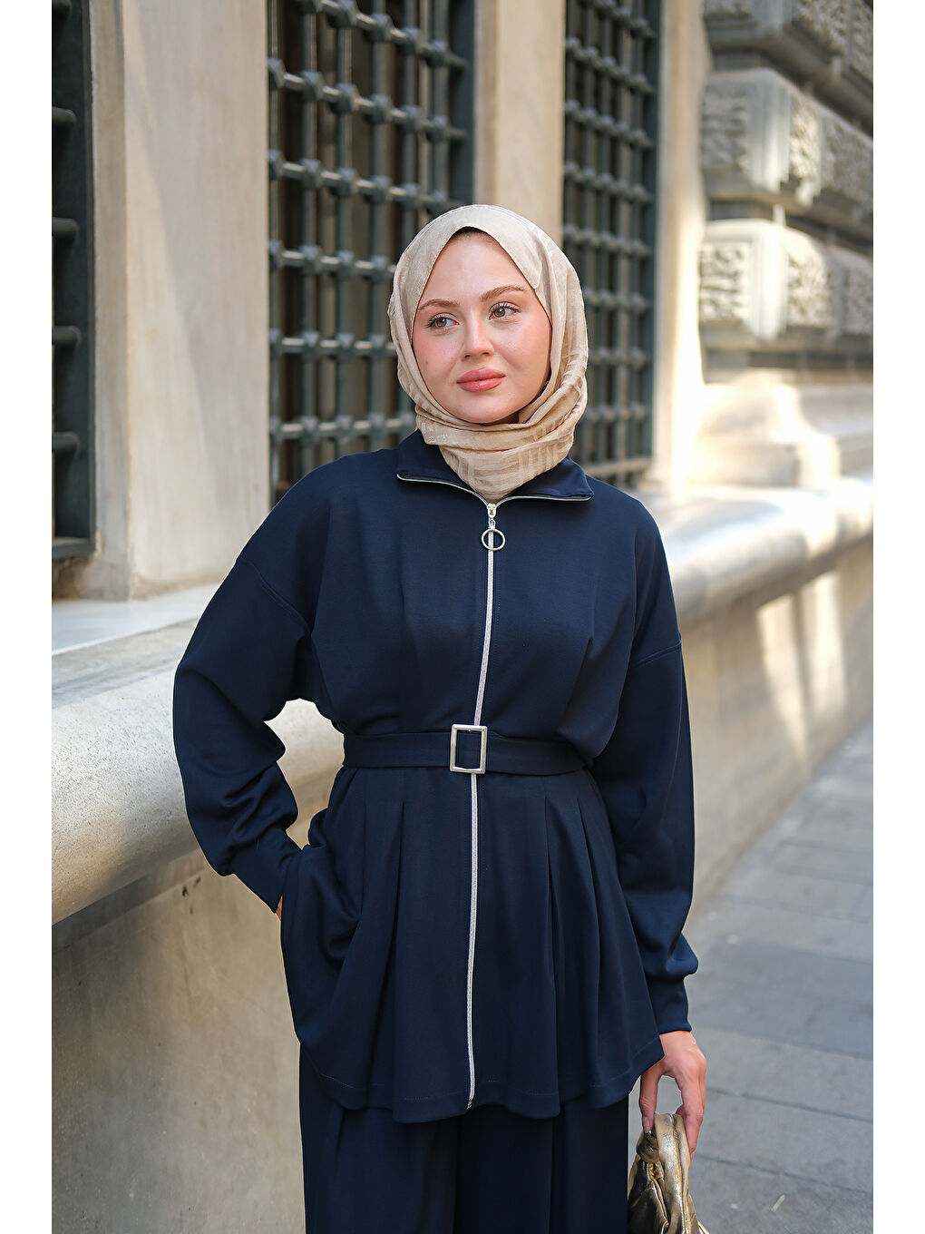 Kadın Pile Detaylı Tokalı Takım Lacivert-2