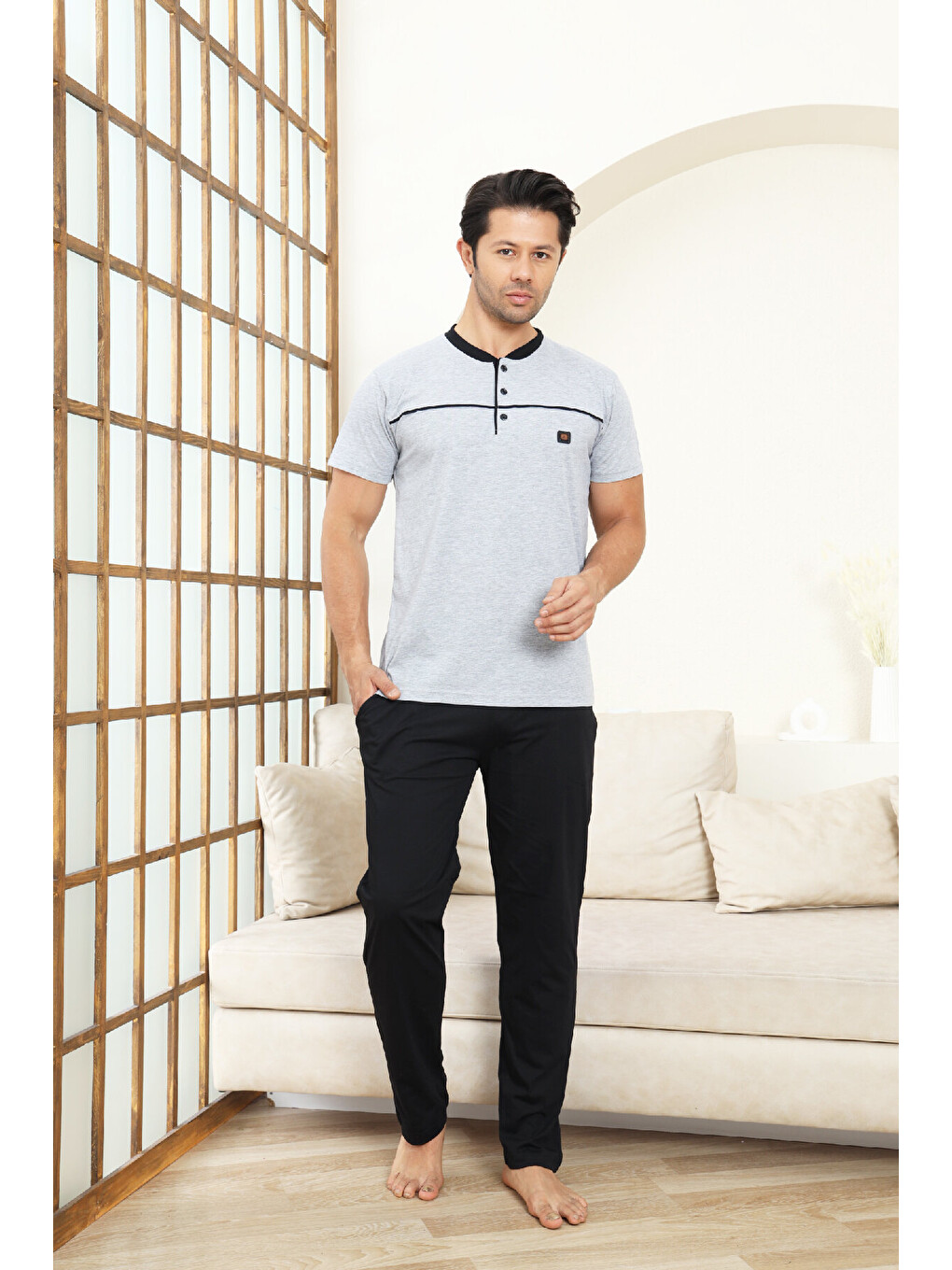 Gri Erkek %100 Pamuk Pijama Takımı -3 Düğmeli-Robalı 12383