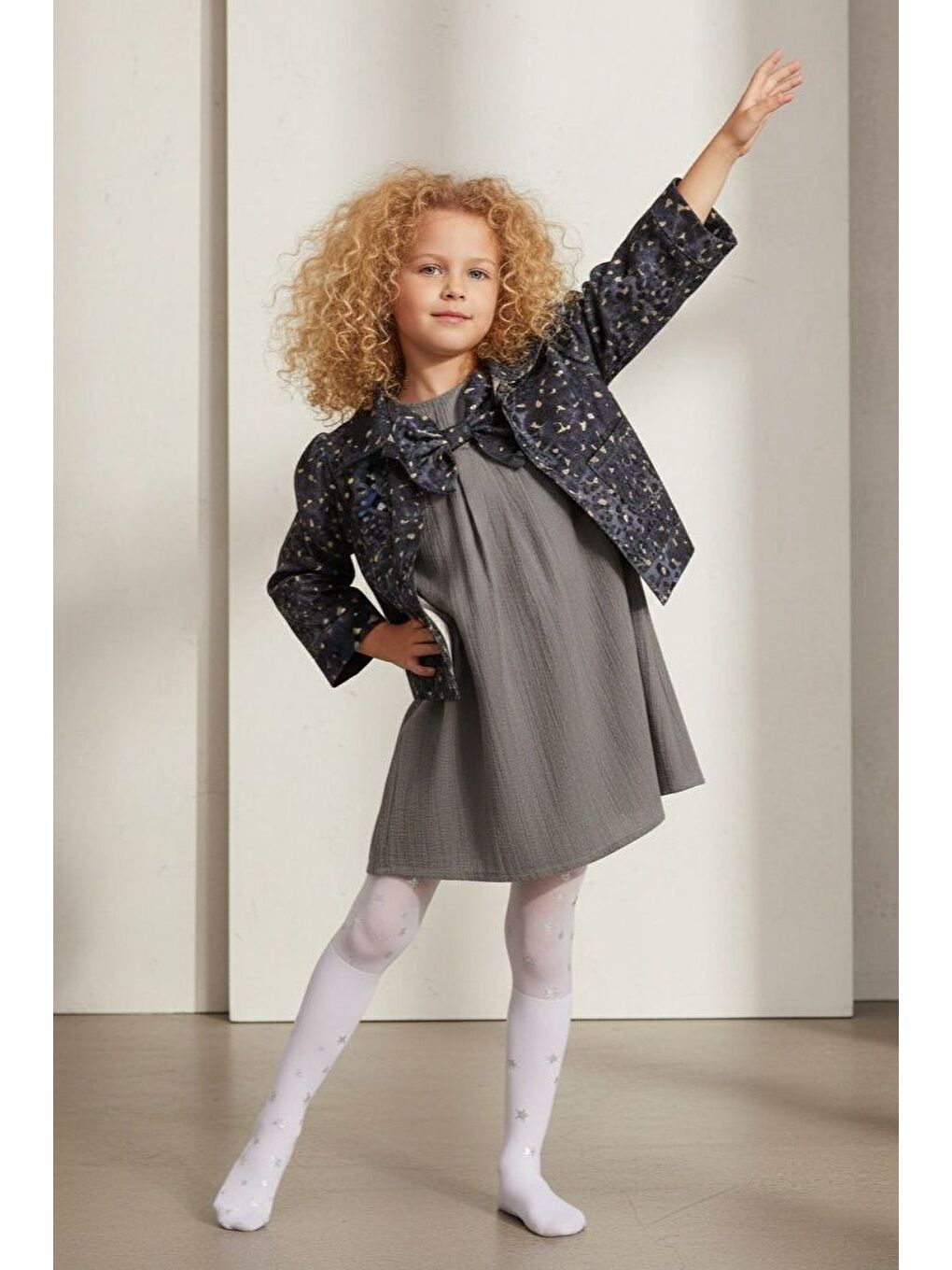 Gri Ceketli Elbiseli Kız Çocuk Takımı M00794