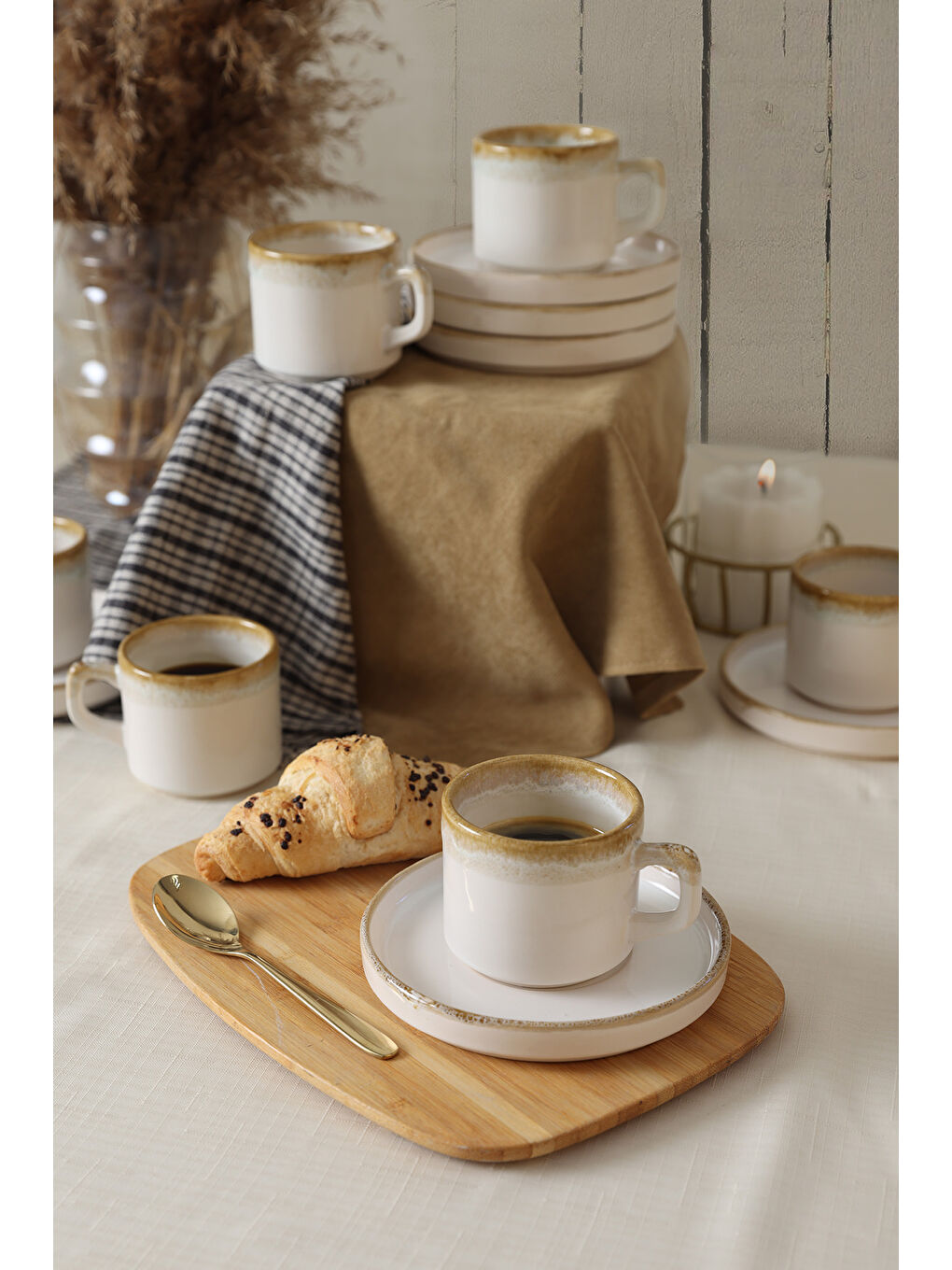 Kahverengi Shizen Krem Stackable Çay Takımı 12 Parça 6 Kişilik