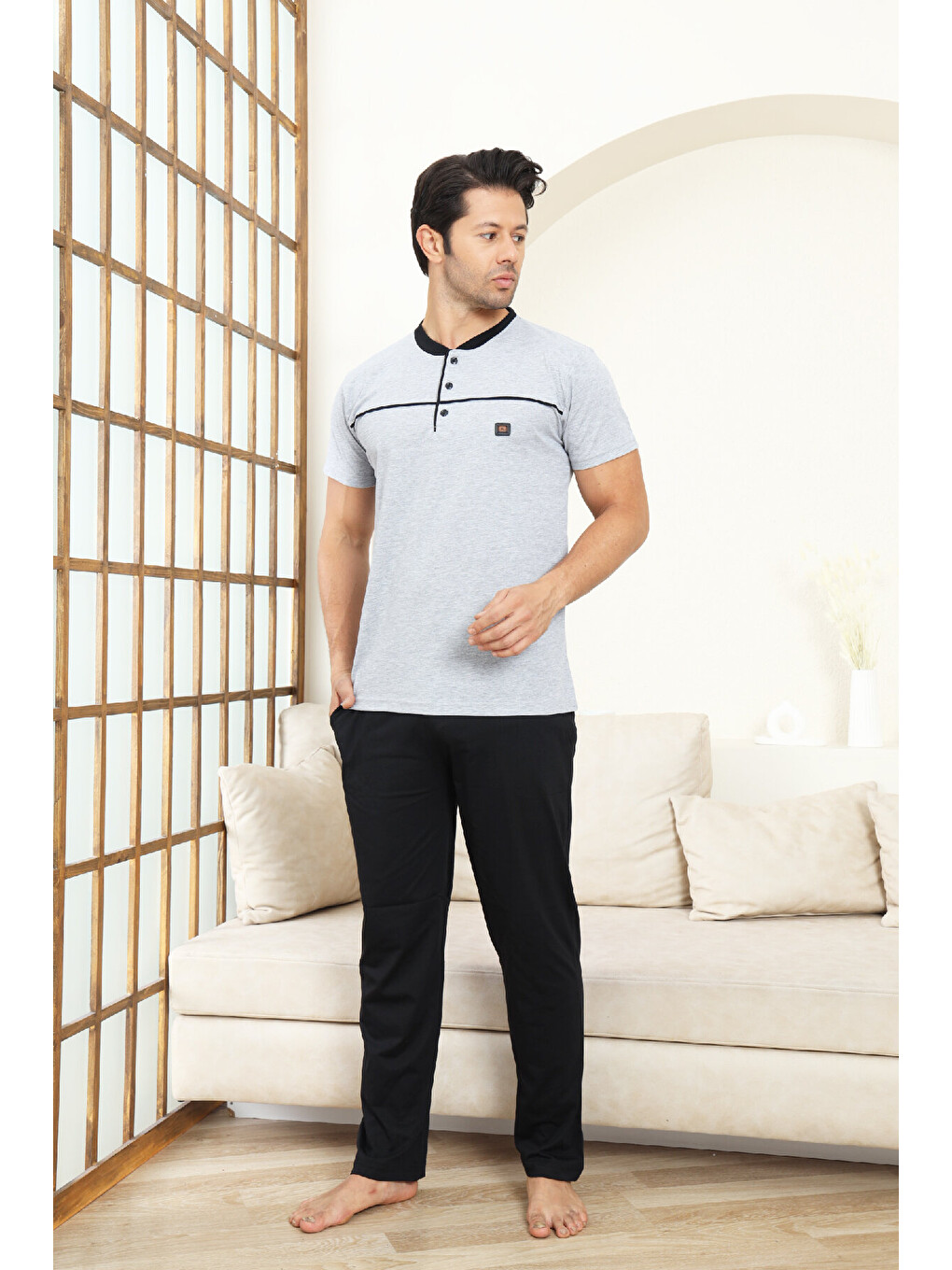 Gri Erkek %100 Pamuk Pijama Takımı -3 Düğmeli-Robalı 12383-2