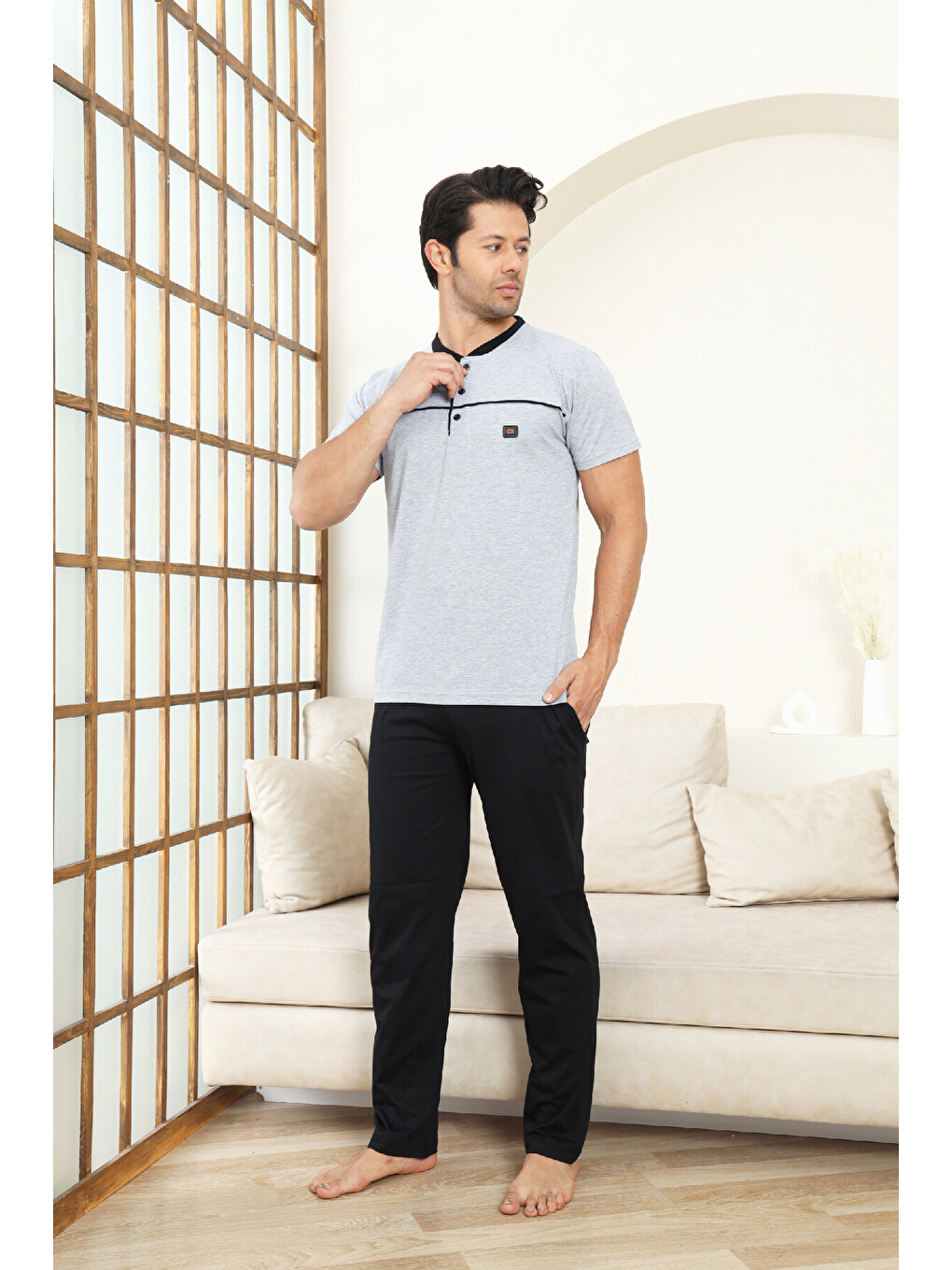 Gri Erkek %100 Pamuk Pijama Takımı -3 Düğmeli-Robalı 12383-3