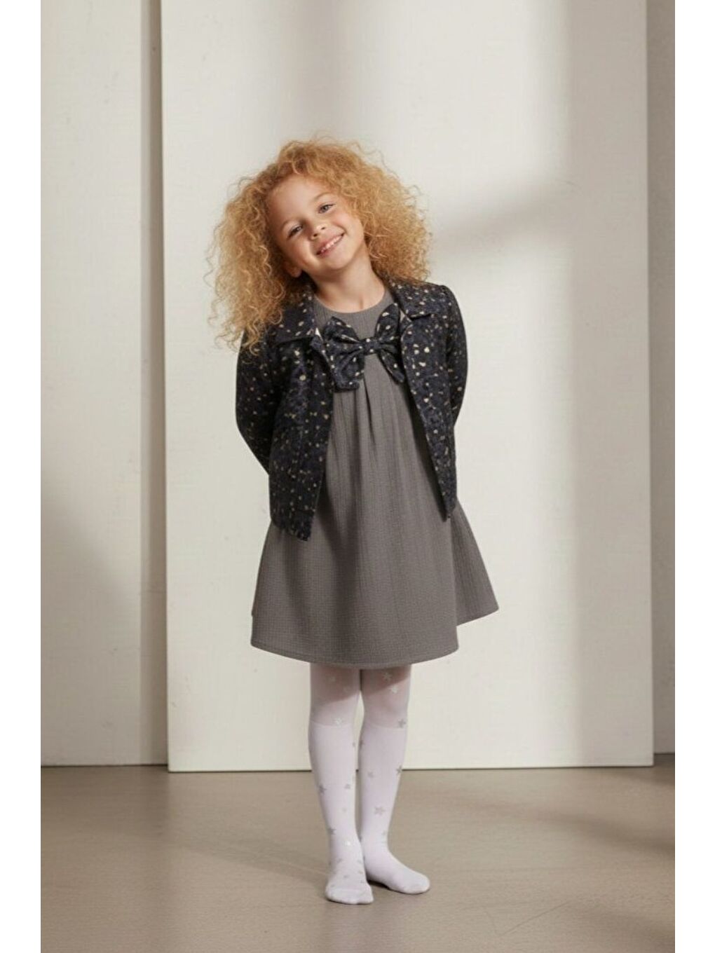 Gri Ceketli Elbiseli Kız Çocuk Takımı M00794-1