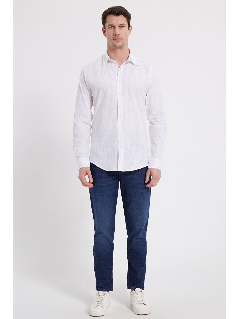 Beyaz Erkek Slim Fit Dar Kesim Uzun Kollu %100 Pamuk Keten Doku Çizgili Gömlek-1