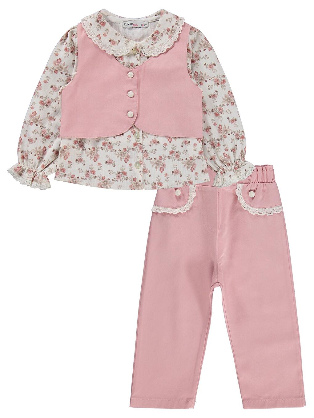 Civil Girls Yelek Pantolon Çiçekli Gömlek 3 Lü 2-5 Yaş Takım - Pembe 4-5 Yaş