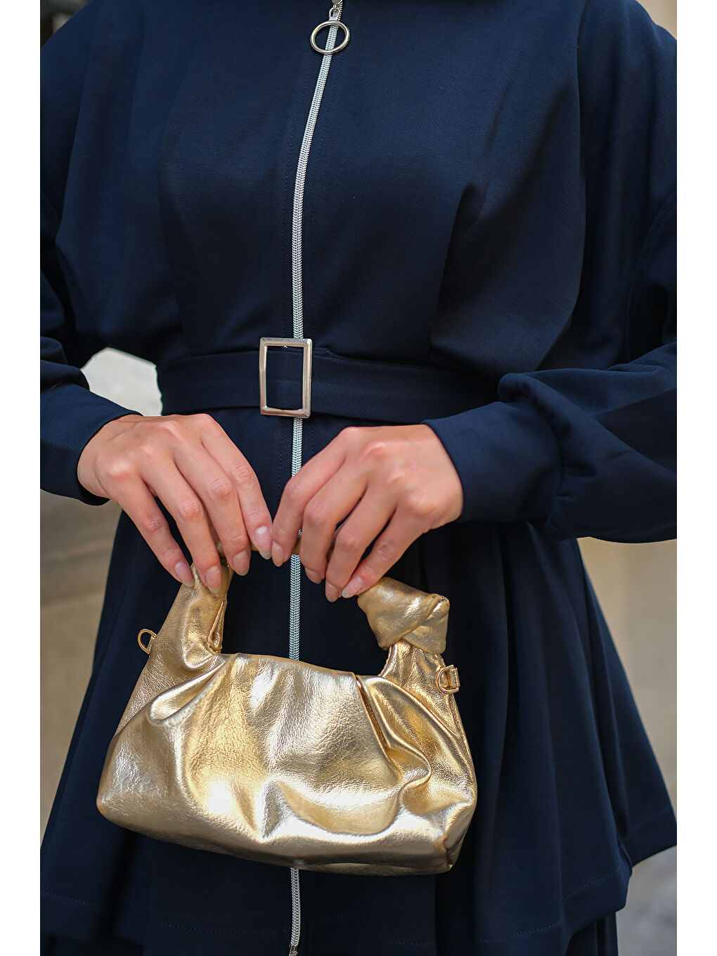 Kadın Pile Detaylı Tokalı Takım Lacivert-4