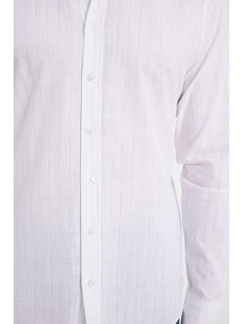 Beyaz Erkek Slim Fit Dar Kesim Uzun Kollu %100 Pamuk Keten Doku Çizgili Gömlek-4
