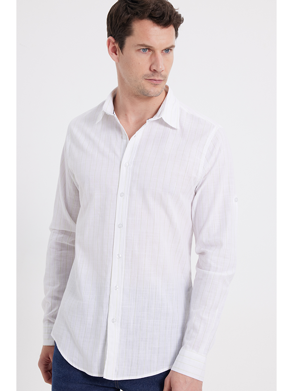 Beyaz Erkek Slim Fit Dar Kesim Uzun Kollu %100 Pamuk Keten Doku Çizgili Gömlek-6