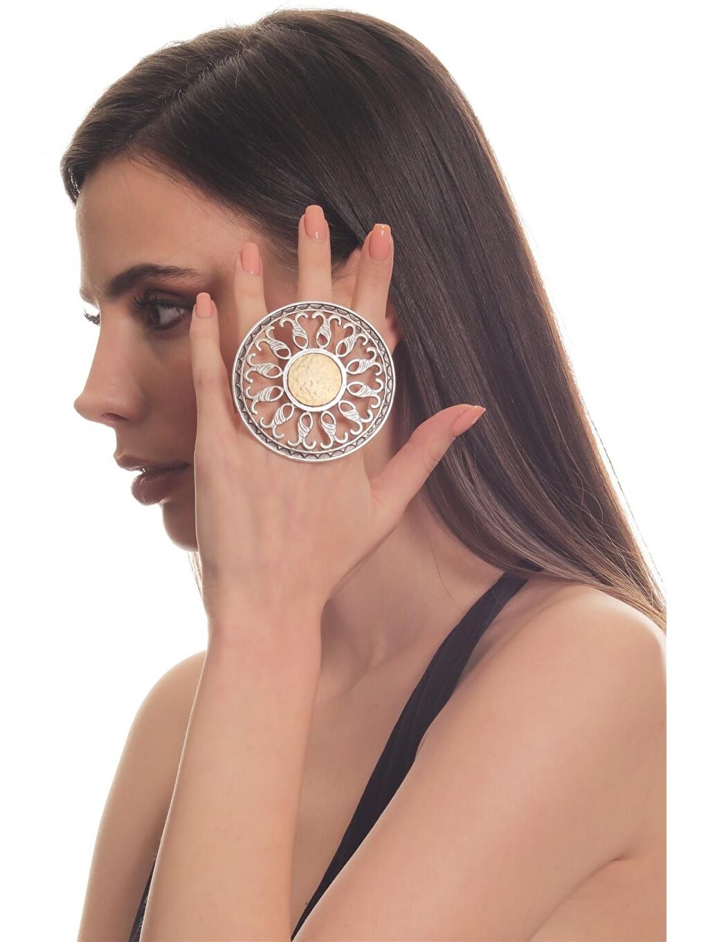 Gri Kadın Antik Gümüş & Mat Altın Kaplama Ayarlanabilir Tasarım Yüzük-1