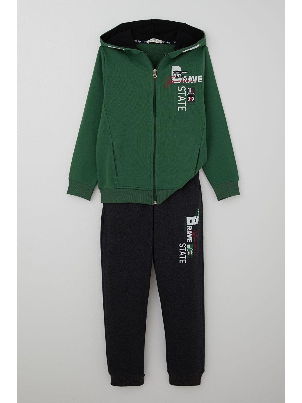 Erkek Çocuk Eşofman Takımı Kapüşonlu Fermuarlı Bağcık Aksesuarlı Koyu Yeşil (8-14 Yaş)