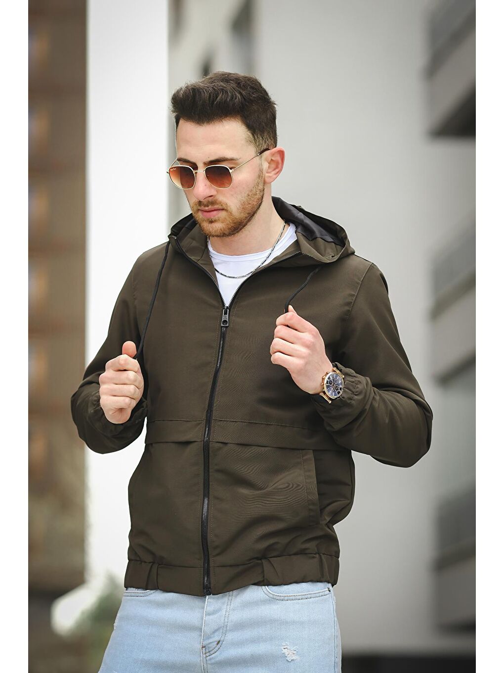 Haki Antonin Bel ve Kol Lastikli Slim Fit Erkek Mevsimlik Kapüşonlu Mont Yağmurluk