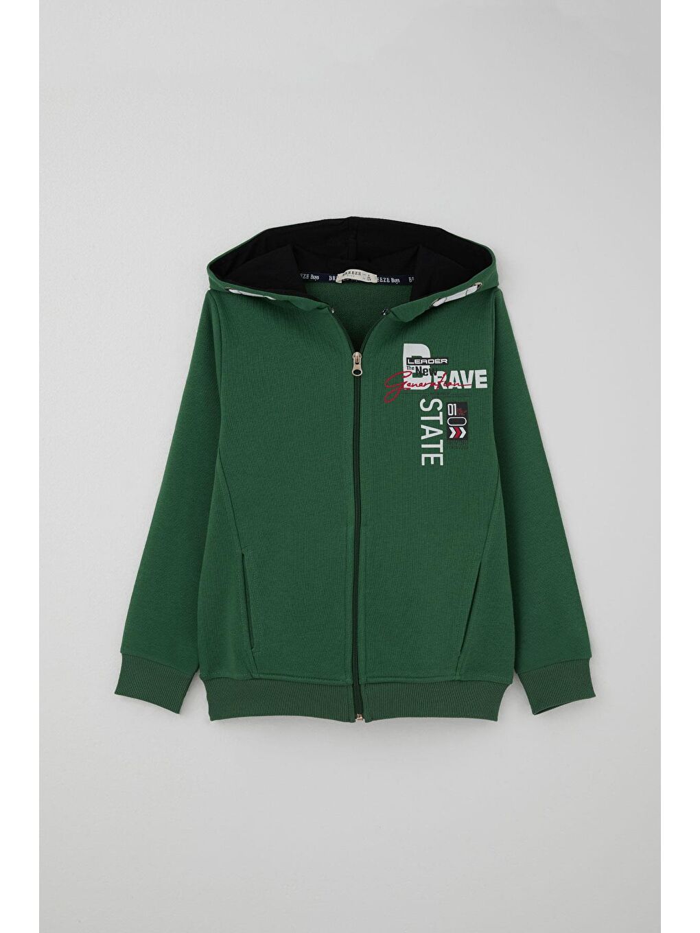 Erkek Çocuk Eşofman Takımı Kapüşonlu Fermuarlı Bağcık Aksesuarlı Koyu Yeşil (8-14 Yaş)-1
