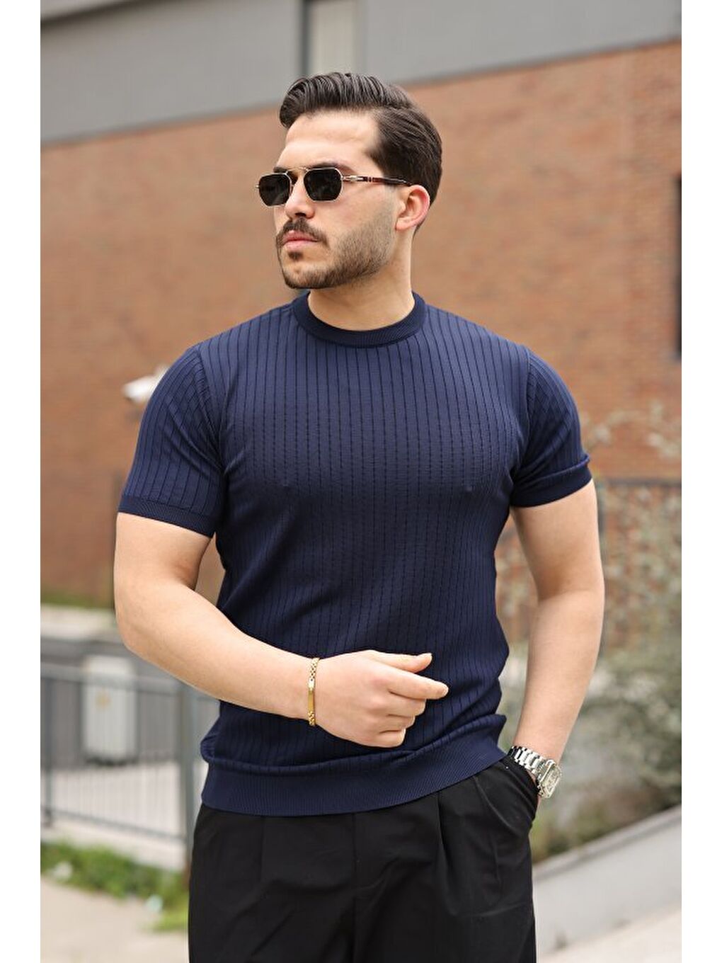 Lacivert Erkek Fitilli Bisiklet Yaka Triko Tişört