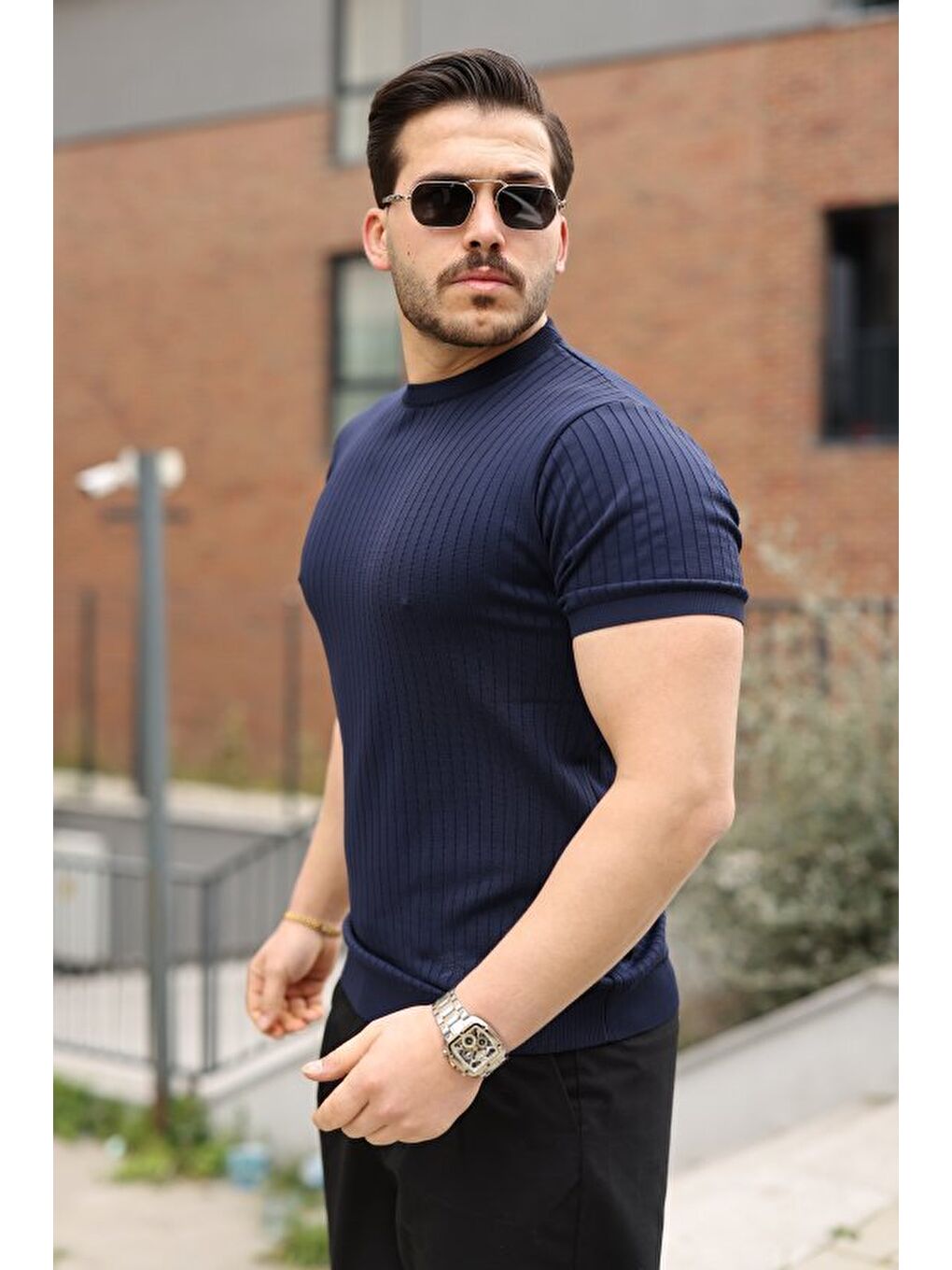 Lacivert Erkek Fitilli Bisiklet Yaka Triko Tişört-1