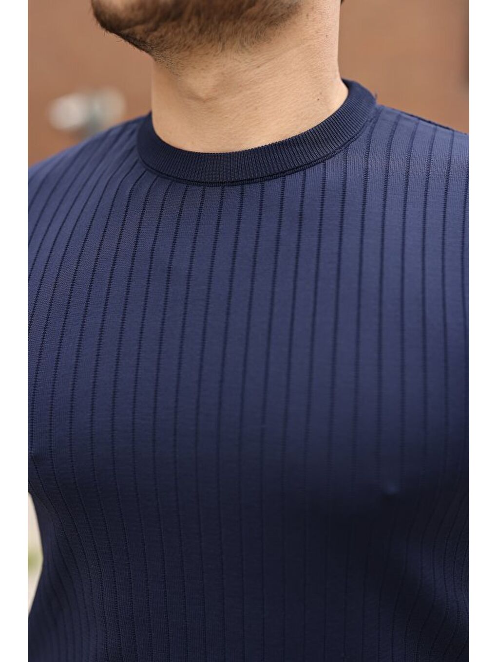 Lacivert Erkek Fitilli Bisiklet Yaka Triko Tişört-2