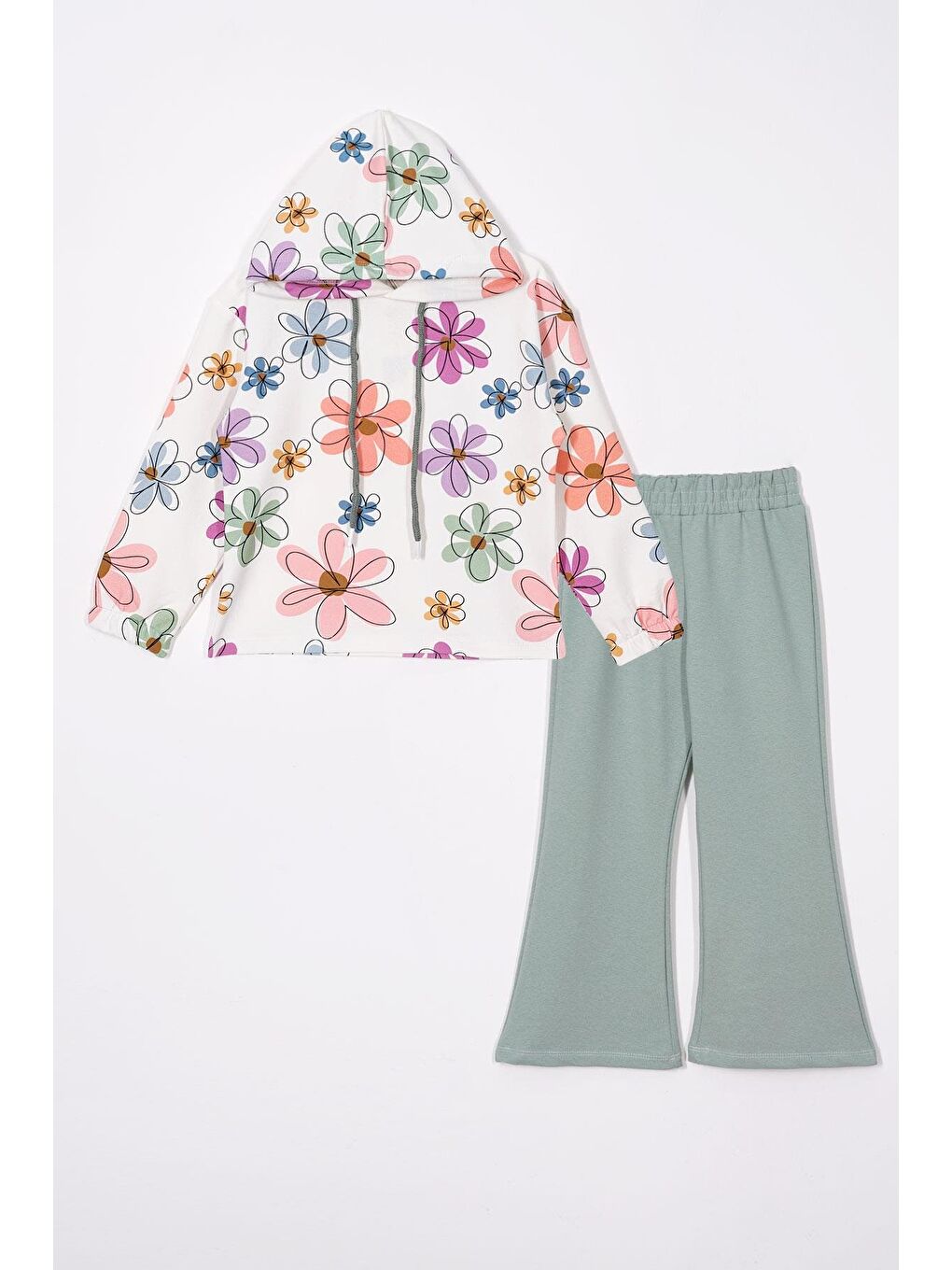 Yeşil Çiçek Baskılı Kapüşonlu Ispanyol Paça Açık Çağla Renk Kız Çocuk Pantolon Takım