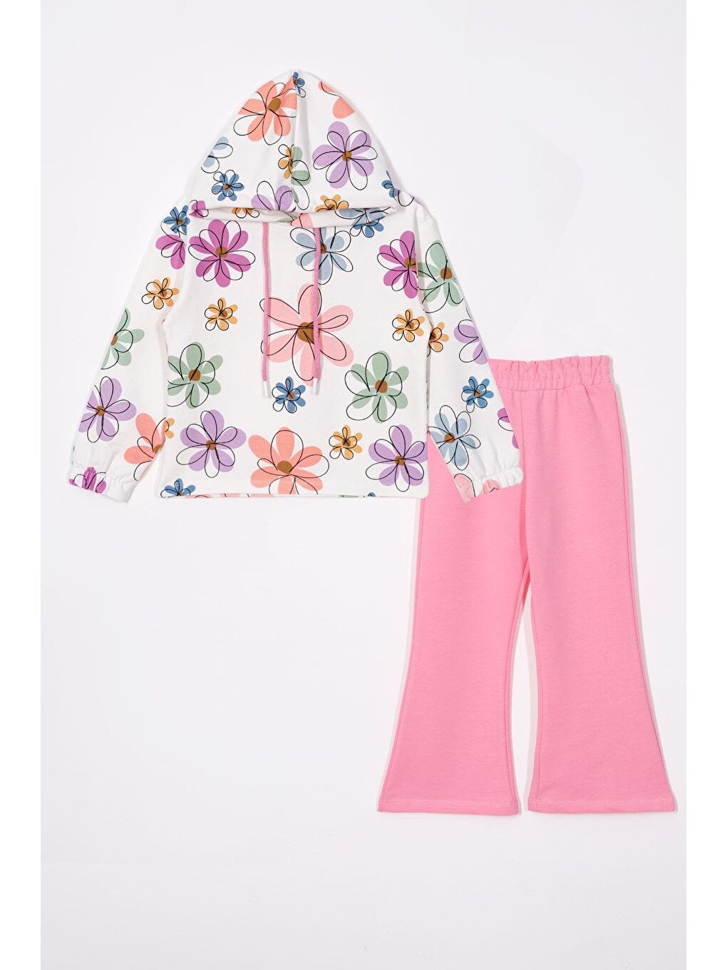 Çiçek Baskılı Kapüşonlu Ispanyol Paça Açık Pembe Renk Kız Çocuk Pantolon Takım