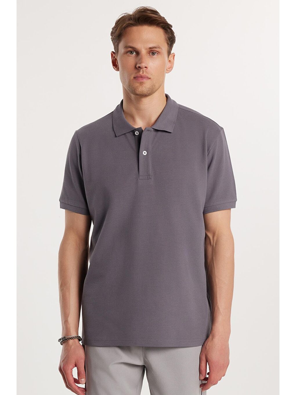 Erkek Regular Fit Klasik Kesim %100 Pamuk Düz Pike Antrasit Polo Yaka Tişört