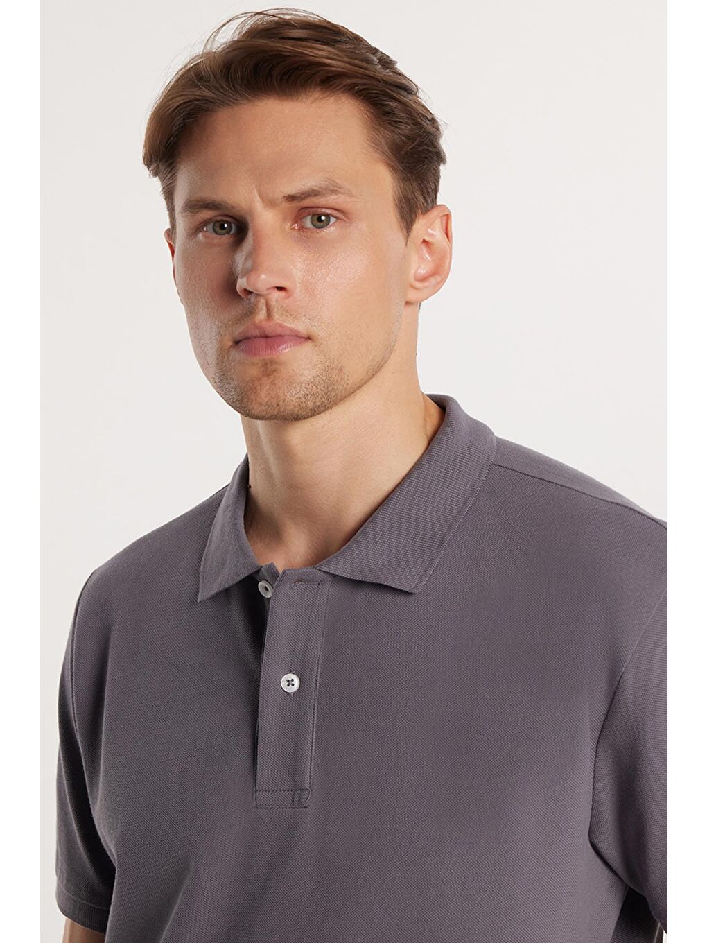 Erkek Regular Fit Klasik Kesim %100 Pamuk Düz Pike Antrasit Polo Yaka Tişört-1