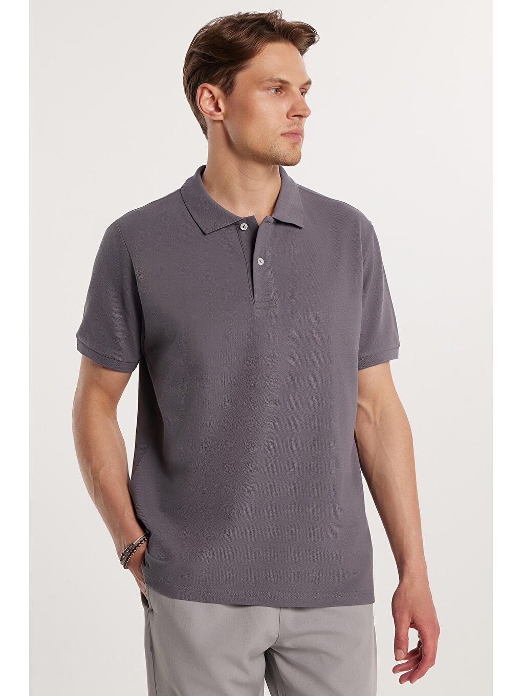 Erkek Regular Fit Klasik Kesim %100 Pamuk Düz Pike Antrasit Polo Yaka Tişört-2