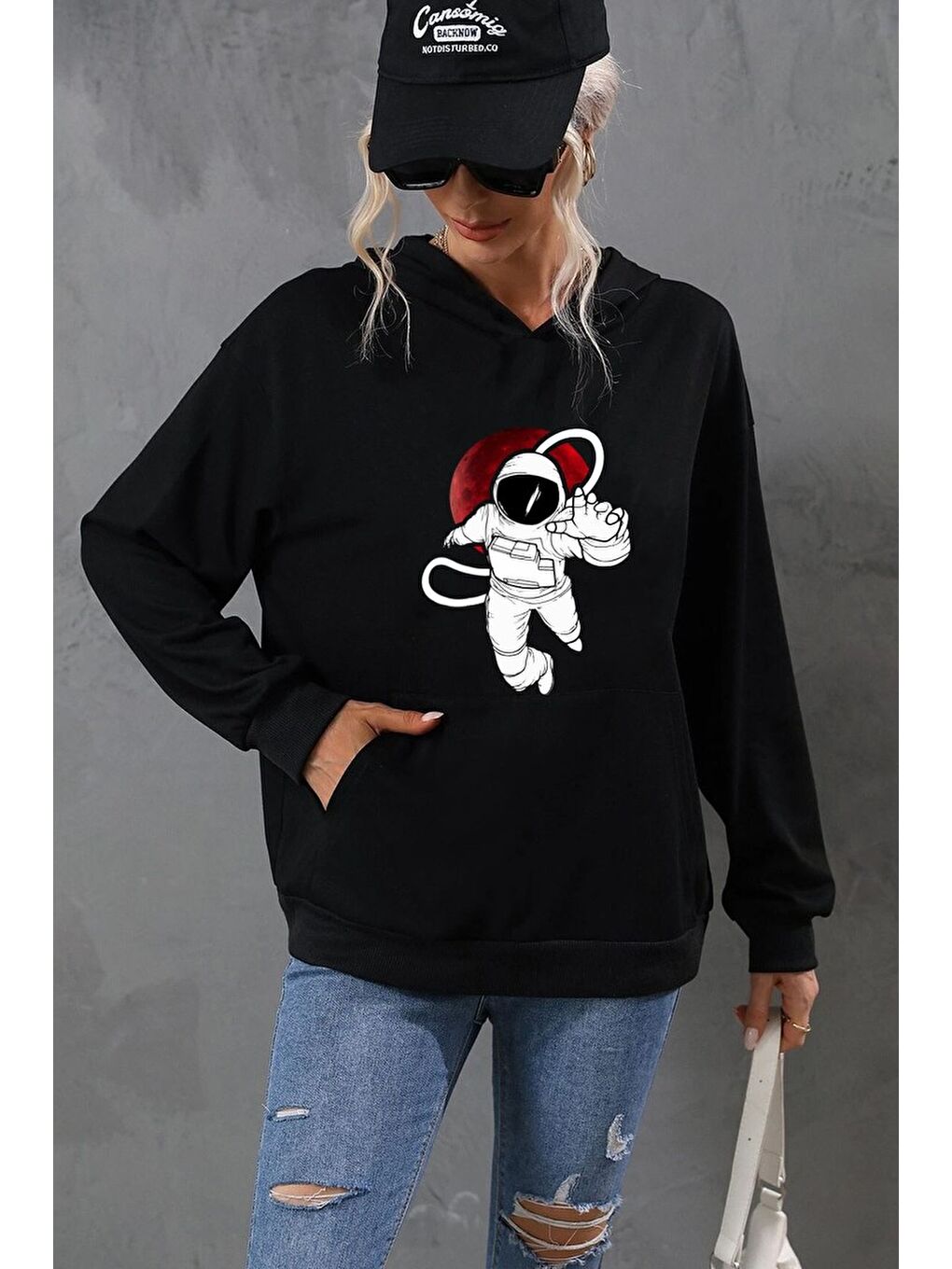 uyguntarz Siyah Unisex Astronot Baskılı Sweatshirt - 1