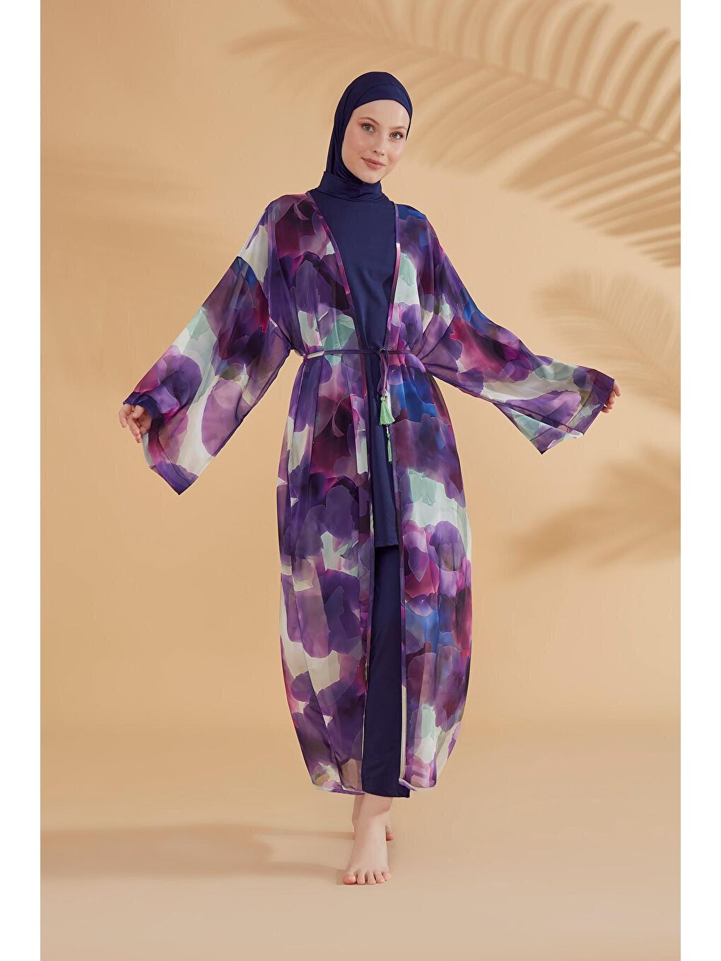 Marina Mor Batik Desenli Mor Kimono Kaftan P2338