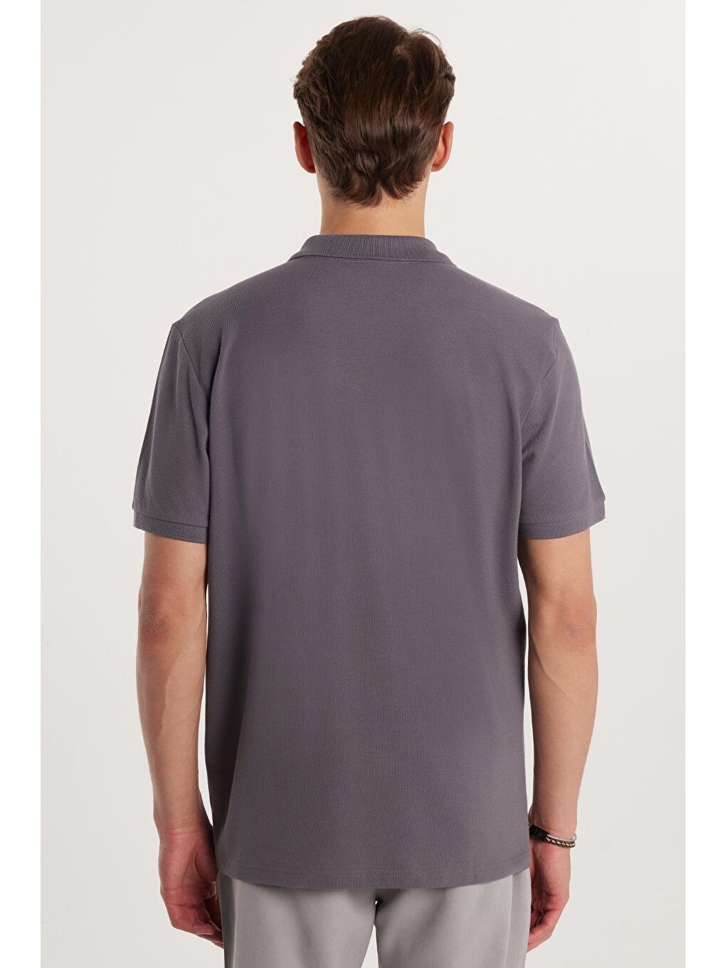 Erkek Regular Fit Klasik Kesim %100 Pamuk Düz Pike Antrasit Polo Yaka Tişört-4