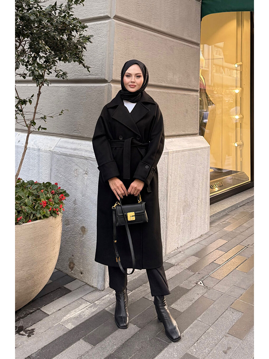 Kadın Kruvaze Yaka Kaşe Kaban Siyah-2