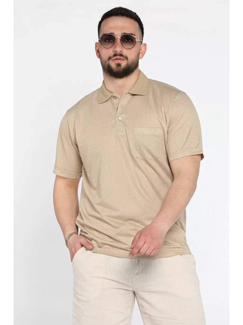 Bej Erkek Tek Cepli Polo Yaka Desenli Tişört