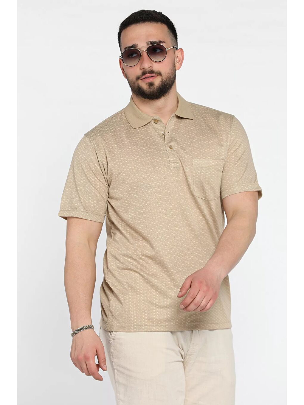 Bej Erkek Tek Cepli Polo Yaka Desenli Tişört-1