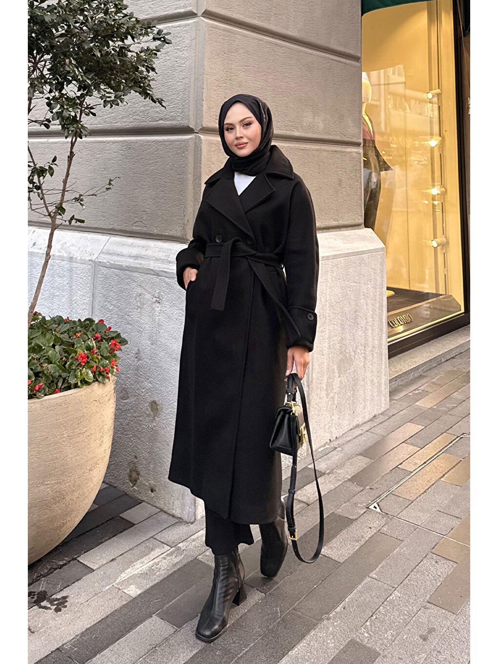 Kadın Kruvaze Yaka Kaşe Kaban Siyah-3