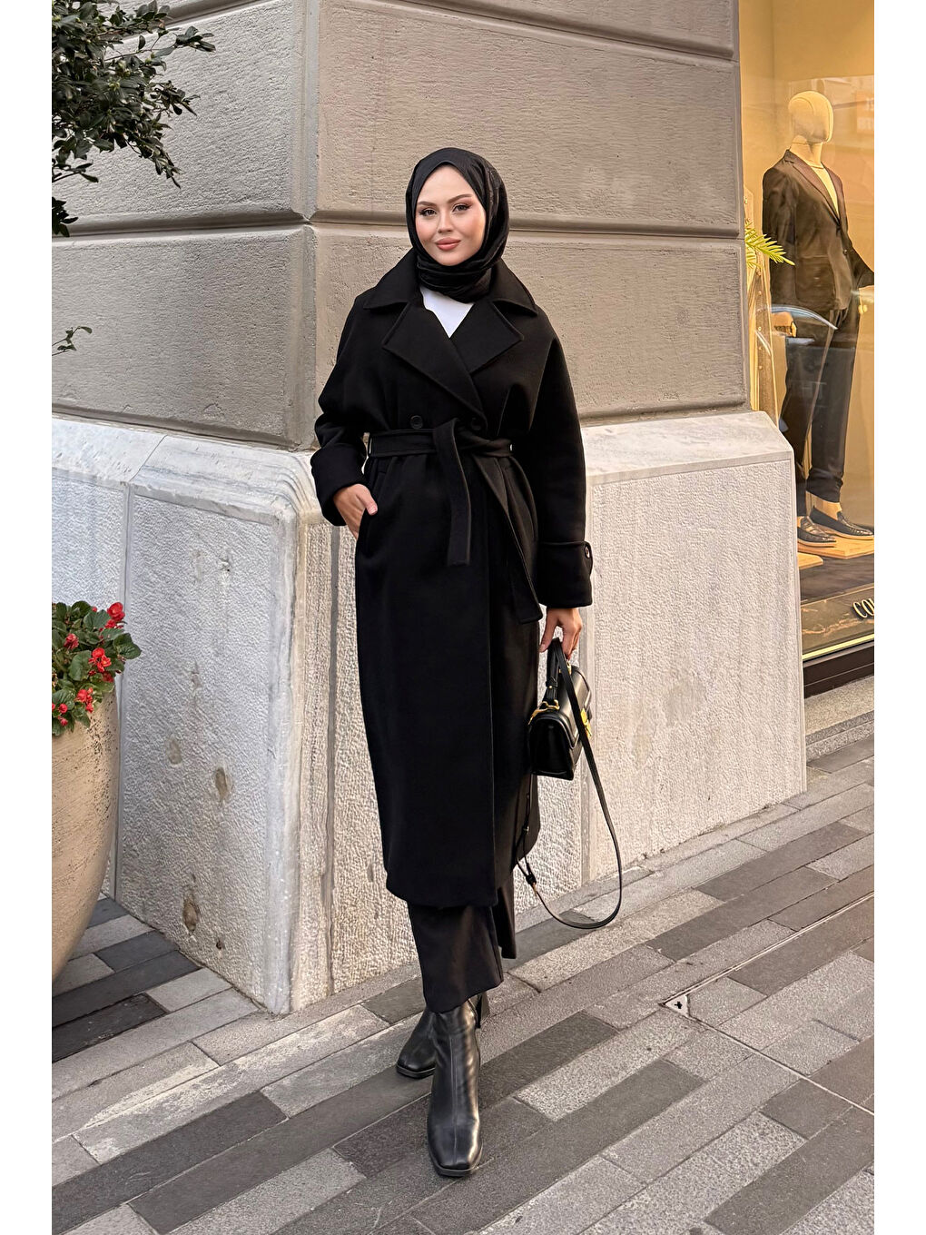 Kadın Kruvaze Yaka Kaşe Kaban Siyah-4