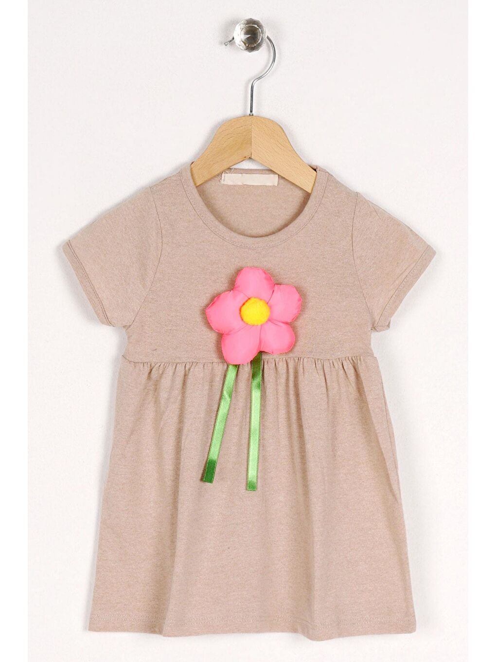 Bej Bisiklet Yaka Kısa Kol Puf Çiçekli Vizon Renk Kız Çocuk Elbise
