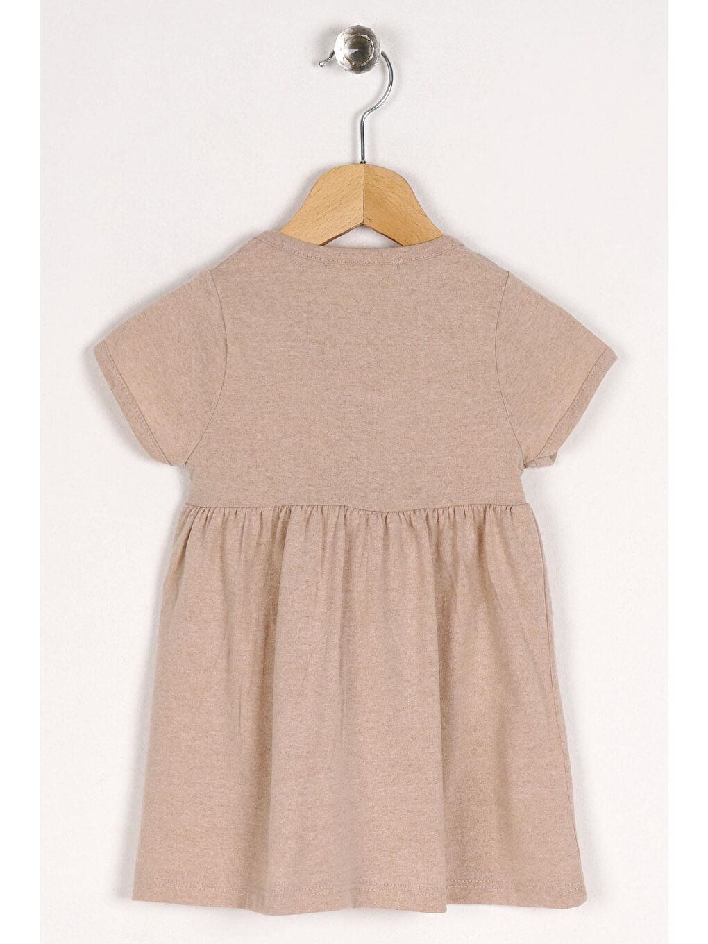 Bej Bisiklet Yaka Kısa Kol Puf Çiçekli Vizon Renk Kız Çocuk Elbise-1
