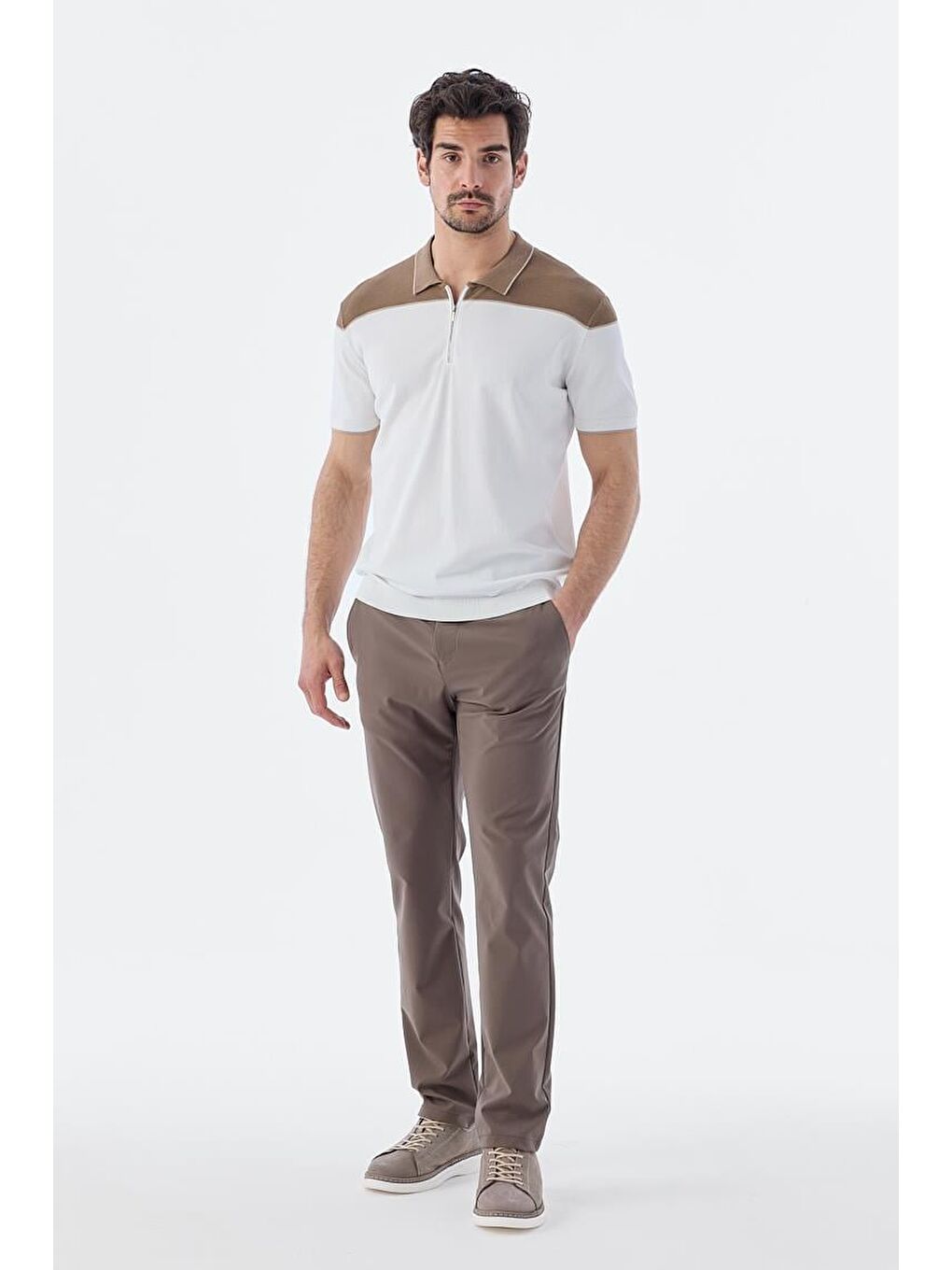 Bej Vizon Slim Fit Fermuarlı Polo Yaka T-Shirt