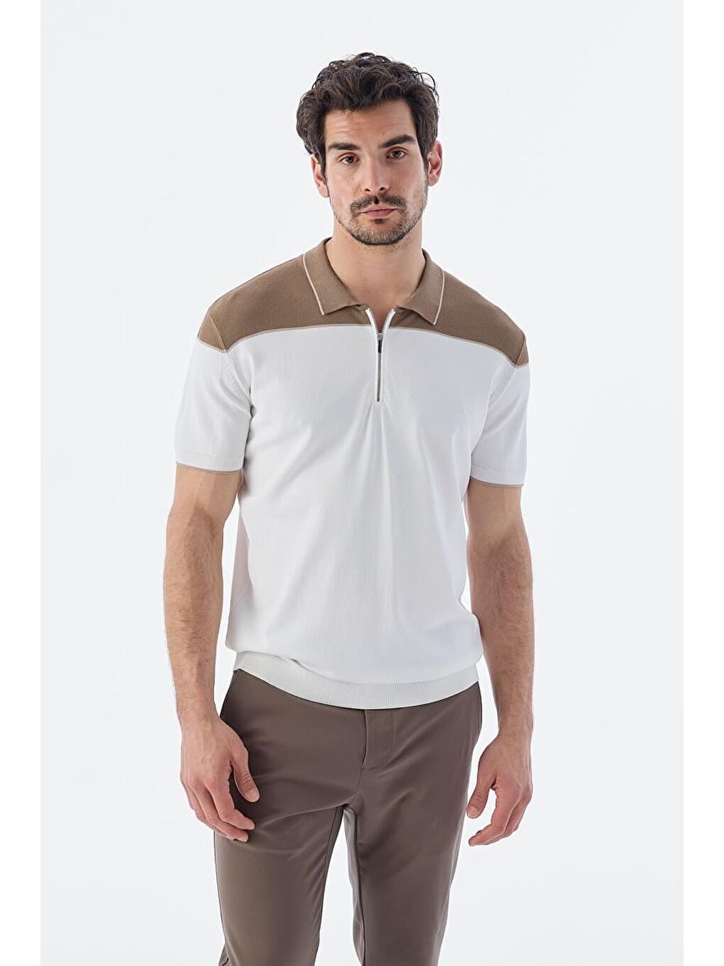 Bej Vizon Slim Fit Fermuarlı Polo Yaka T-Shirt-1