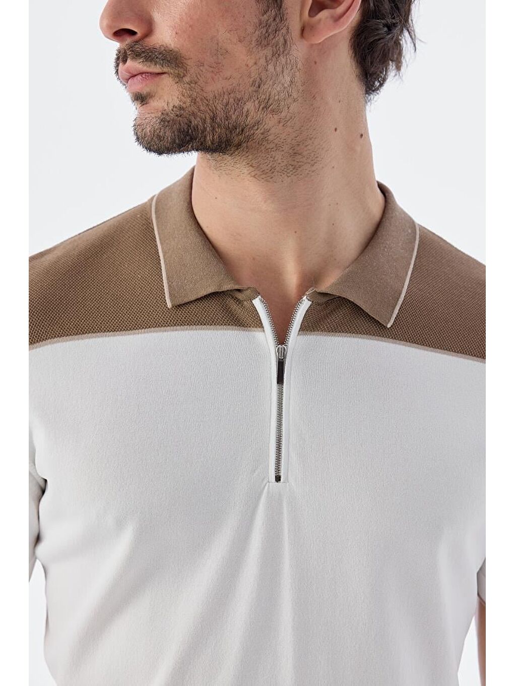 Bej Vizon Slim Fit Fermuarlı Polo Yaka T-Shirt-2