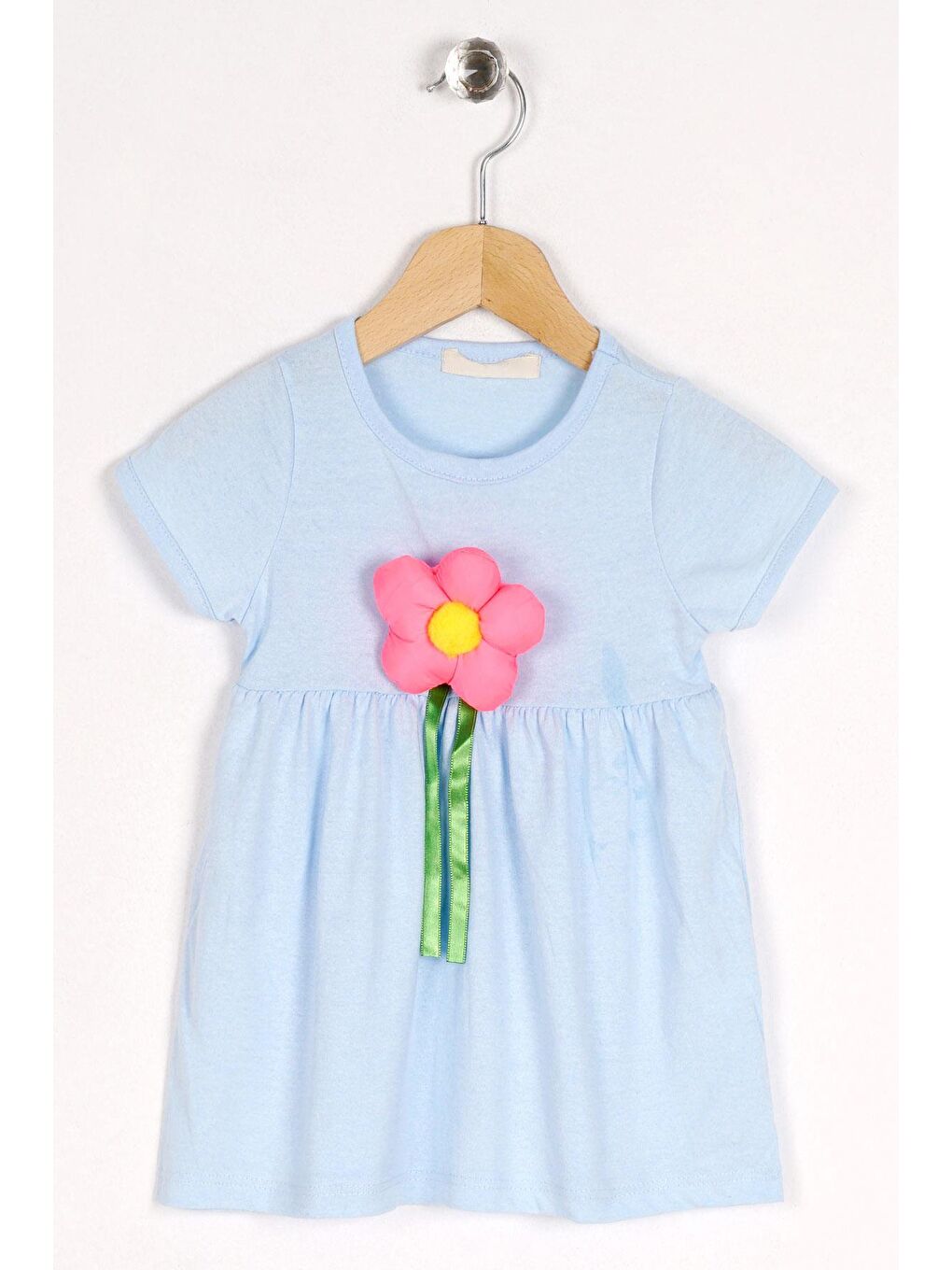 Bisiklet Yaka Kısa Kol Puf Çiçekli Mavi Renk Kız Çocuk Elbise