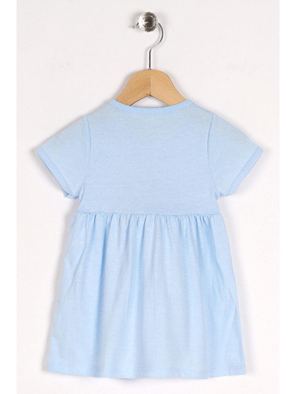 Bisiklet Yaka Kısa Kol Puf Çiçekli Mavi Renk Kız Çocuk Elbise-1