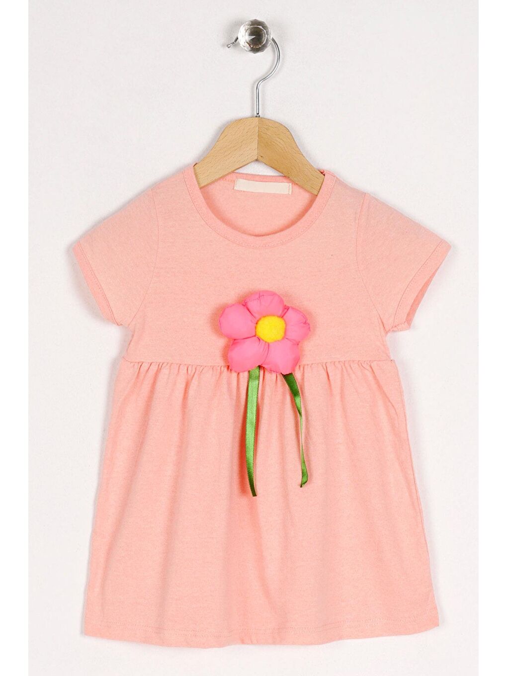 Pembe Bisiklet Yaka Kısa Kol Puf Çiçekli Somon Renk Kız Çocuk Elbise