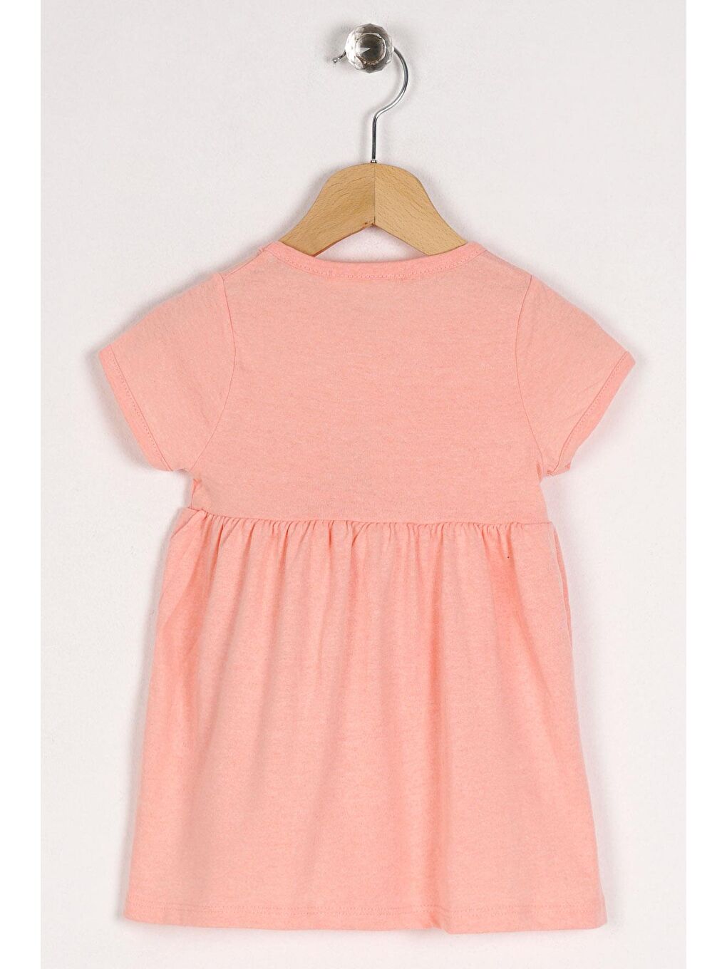 Pembe Bisiklet Yaka Kısa Kol Puf Çiçekli Somon Renk Kız Çocuk Elbise-1