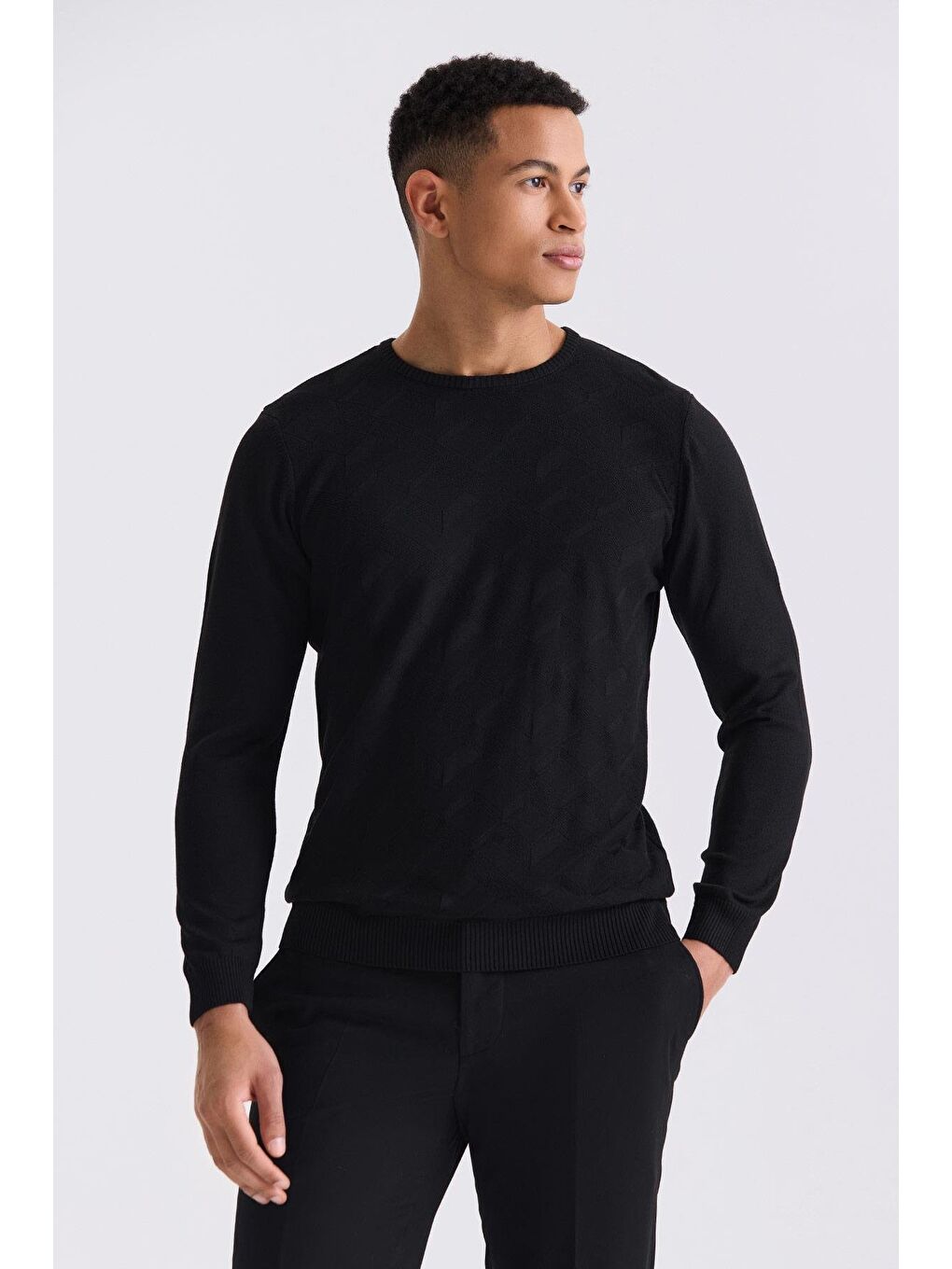 Siyah Slim Fit Bisiklet Yaka Desenli Triko Kazak