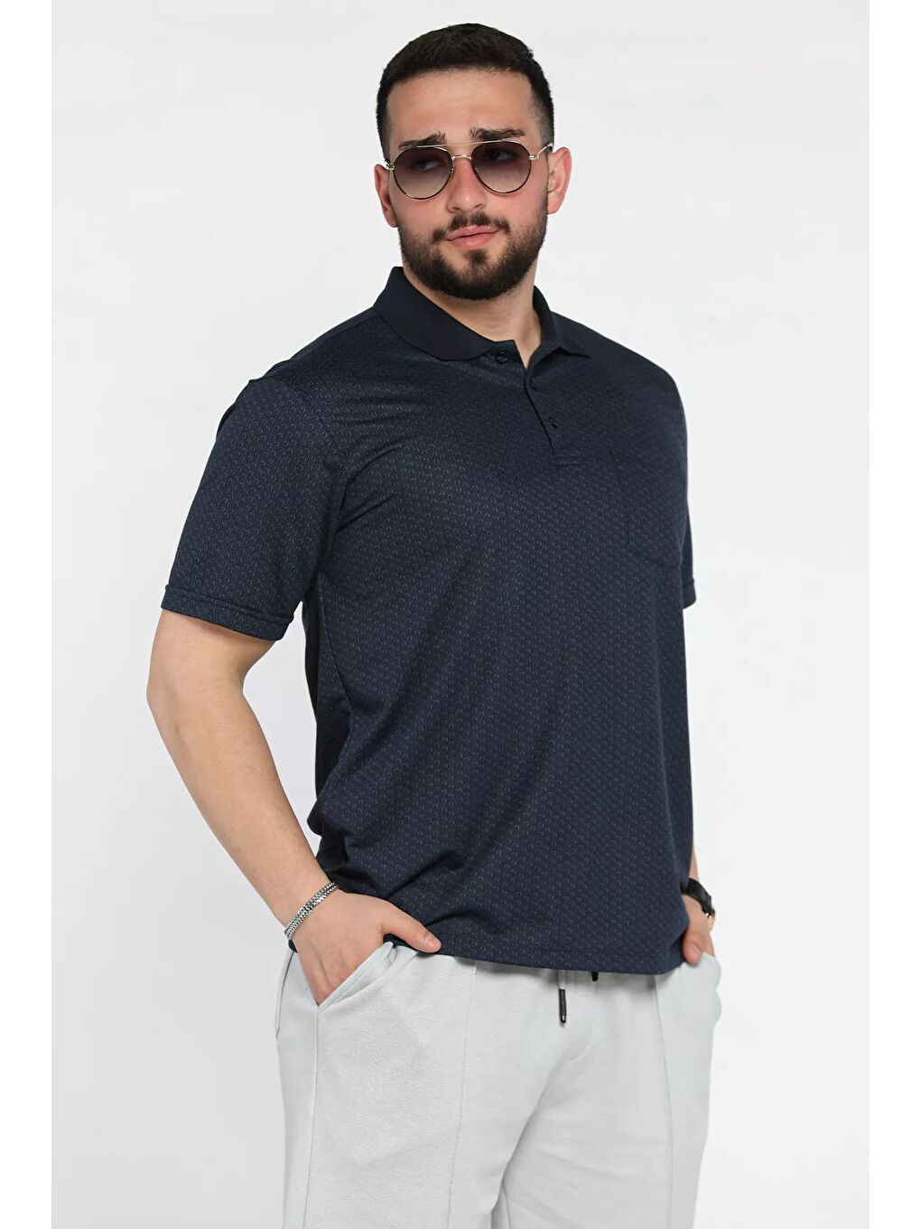 Lacivert Erkek Tek Cepli Polo Yaka Desenli Tişört