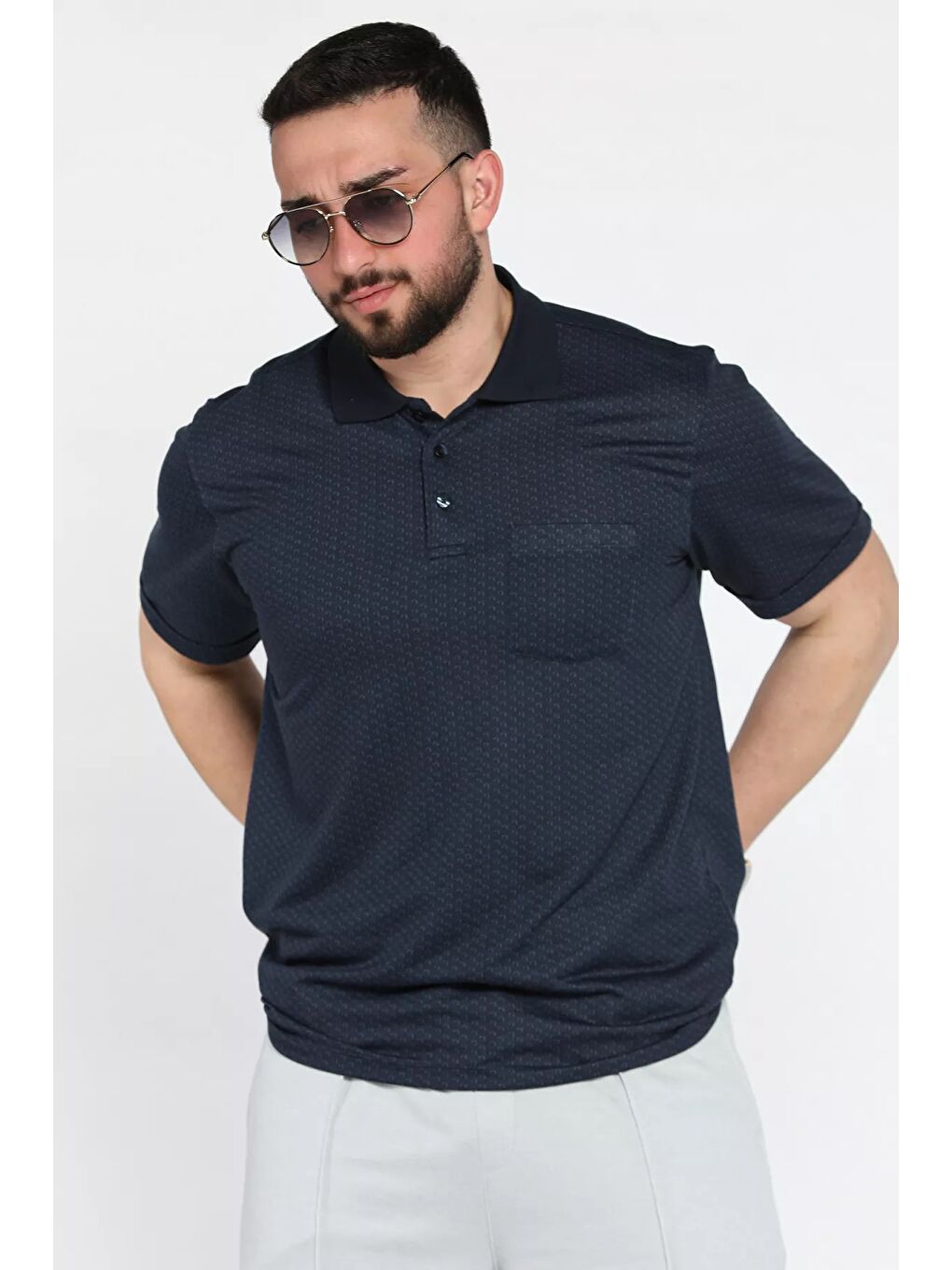 Lacivert Erkek Tek Cepli Polo Yaka Desenli Tişört-1