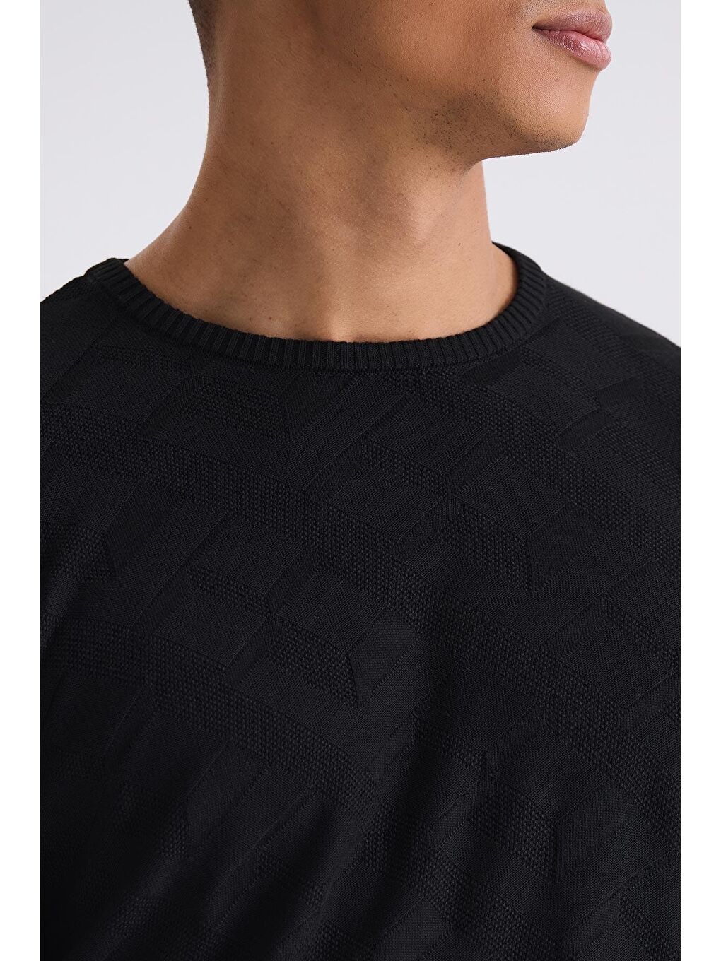 Siyah Slim Fit Bisiklet Yaka Desenli Triko Kazak-2